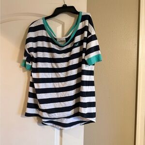 Hollister Navy and White Striped Tee with Green Trim